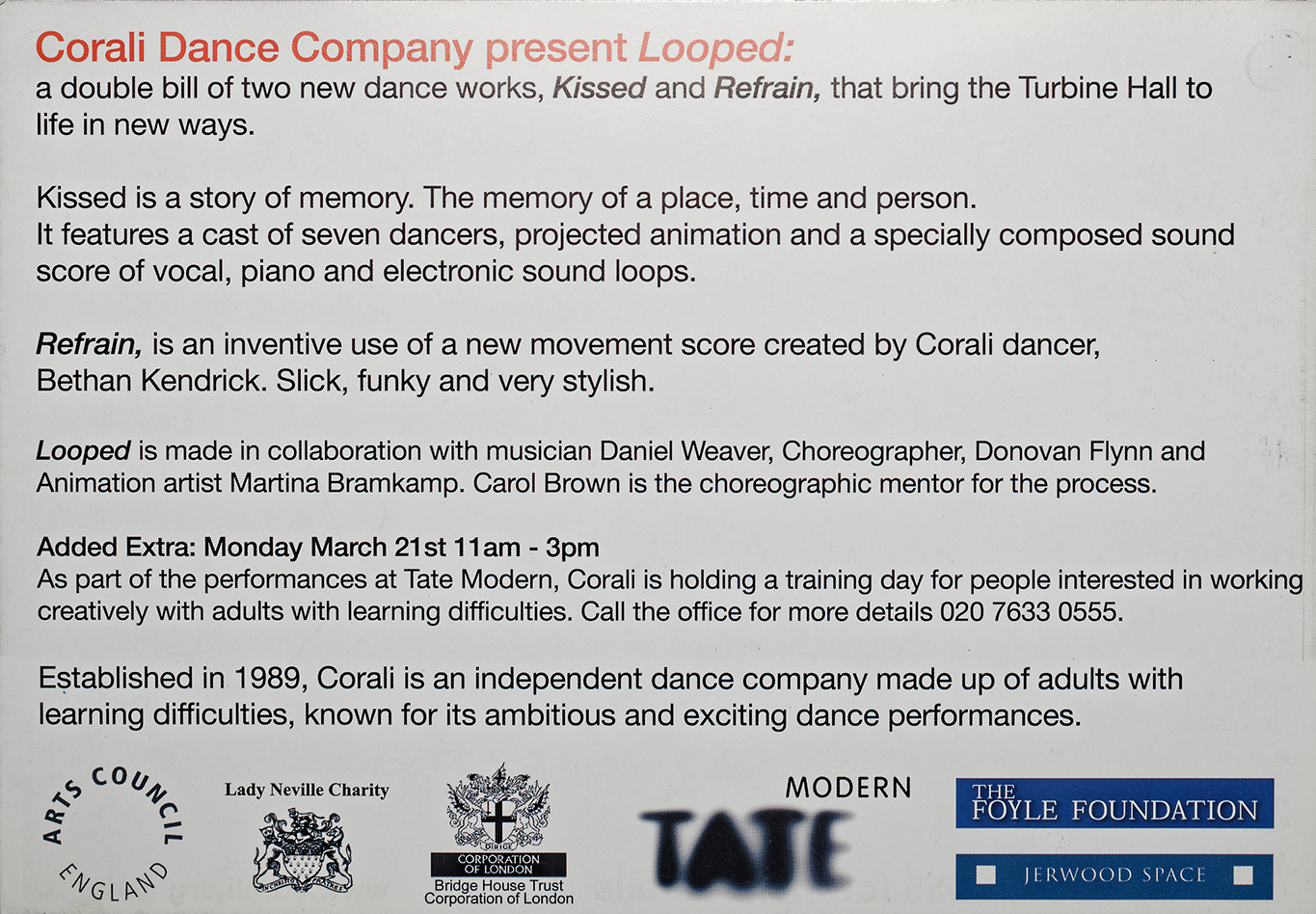 Back of postcard for Looped performance 2010